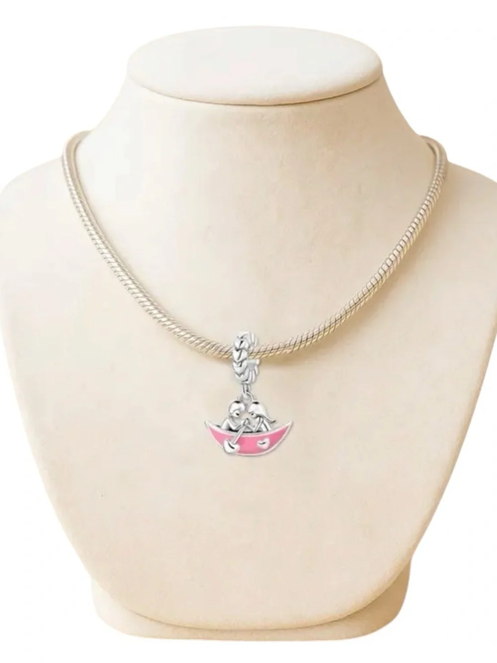 Sterling Silver “Fall in Love”Pink Boat Dangle Charm
